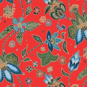 Hand drawn trailing Indian flowers traditional: red green blue