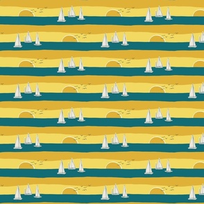 (S) Sunset Sailing - sail boats on the sea with seagulls - yellow, ochre and teal