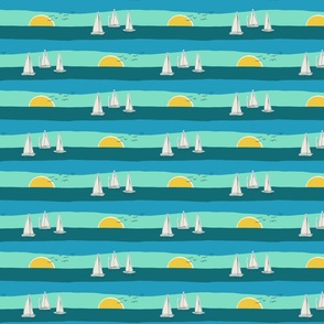 (S) Sunset Sailing - sail boats on the sea with seagulls - aqua, blue and teal