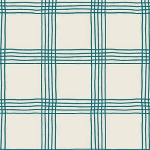 (L) Hand-drawn Plaid - Thin Line Cottage Core Windowpane Check - teal on cream