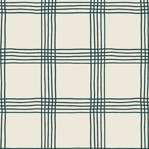 (L) Hand-drawn Plaid - Thin Line Cottage Core Windowpane Check - black on cream