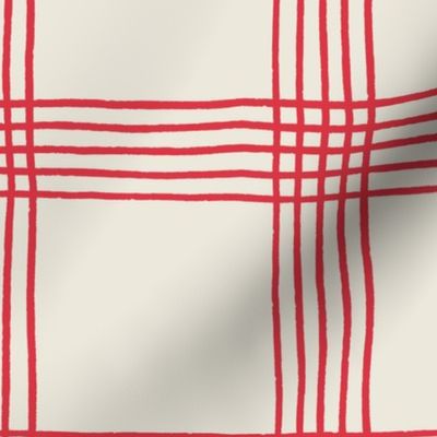 (L) Hand-drawn Plaid - Thin Line Cottage Core Windowpane Check - red on cream