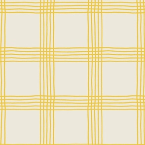 (L) Hand-drawn Plaid - Thin Line Cottage Core Windowpane Check - yellow on cream