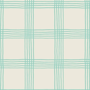 (L) Hand-drawn Plaid - Thin Line Cottage Core Windowpane Check - aqua on cream