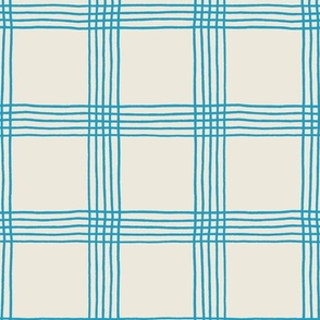 (L) Hand-drawn Plaid - Thin Line Cottage Core Windowpane Check - blue on cream