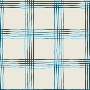 (L) Hand-drawn Plaid - Thin Line Cottage Core Windowpane Check - denim blue on cream