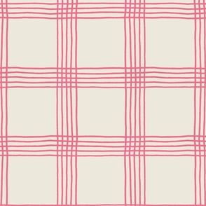 (L) Hand-drawn Plaid - Thin Line Cottage Core Windowpane Check - pink on cream