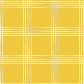 (L) Hand-drawn Plaid - Thin Line Cottage Core Windowpane Check - cream on yellow