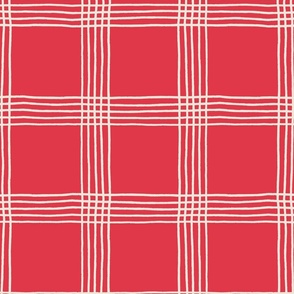 (L) Hand-drawn Plaid - Thin Line Cottage Core Windowpane Check - cream on bright red