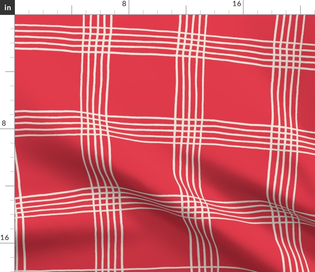 (L) Hand-drawn Plaid - Thin Line Cottage Core Windowpane Check - cream on bright red