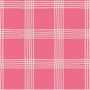 (L) Hand-drawn Plaid - Thin Line Cottage Core Windowpane Check - cream on hot pink