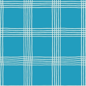 (L) Hand-drawn Plaid - Thin Line Cottage Core Windowpane Check - cream on blue
