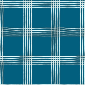 (L) Hand-drawn Plaid - Thin Line Cottage Core Windowpane Check - cream on denim blue