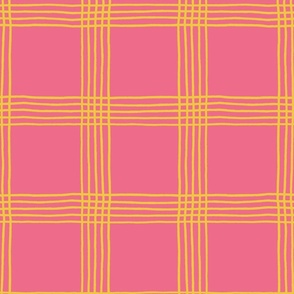 (L) Hand-drawn Plaid - Thin Line Cottage Core Windowpane Check - yellow on pink