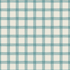 (S) Hand-drawn Plaid - Thin Line Cottage Core Windowpane Check - teal on cream