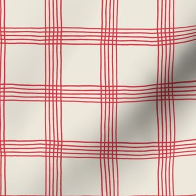 (S) Hand-drawn Plaid - Thin Line Cottage Core Windowpane Check - red on cream