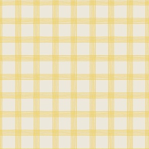 (S) Hand-drawn Plaid - Thin Line Cottage Core Windowpane Check - yellow on cream