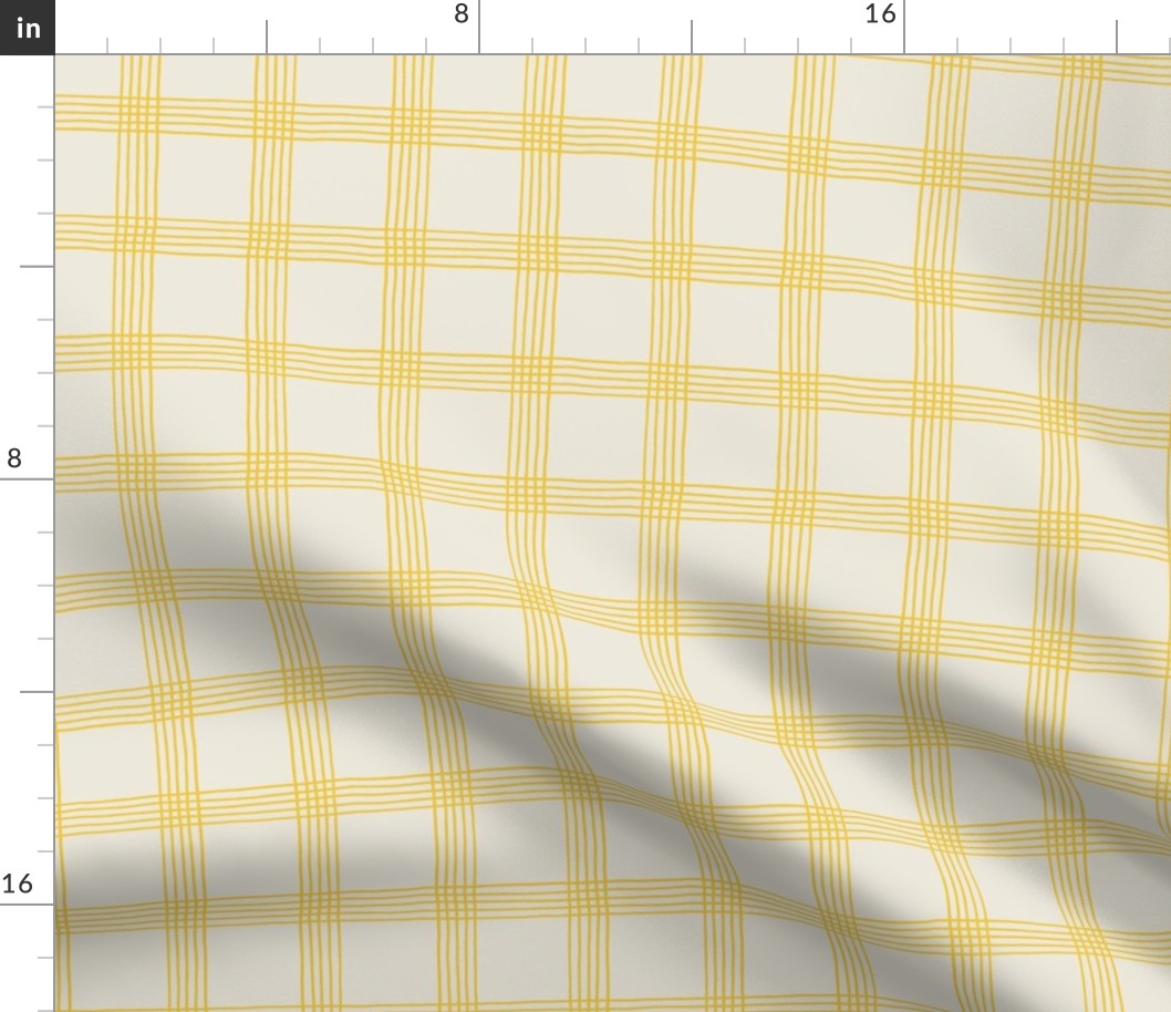 (S) Hand-drawn Plaid - Thin Line Cottage Core Windowpane Check - yellow on cream