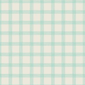 (S) Hand-drawn Plaid - Thin Line Cottage Core Windowpane Check - aqua on cream