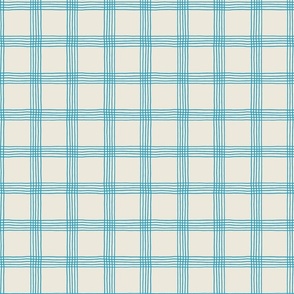 (S) Hand-drawn Plaid - Thin Line Cottage Core Windowpane Check - blue on cream