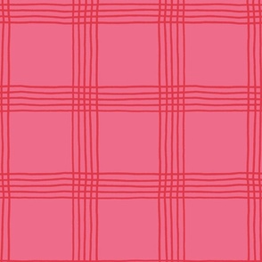 (L) Hand-drawn Plaid - Thin Line Cottage Core Windowpane Check - bright red on hot pink