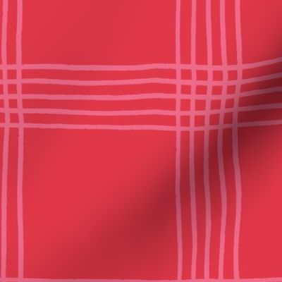 (L) Hand-drawn Plaid - Thin Line Cottage Core Windowpane Check - pink on bright red