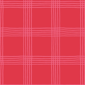 (L) Hand-drawn Plaid - Thin Line Cottage Core Windowpane Check - pink on bright red