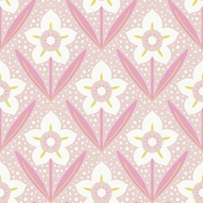 LARGE Modern Hand-drawn Textured Floral Daffodil Narcissus Tile on a Pink background
