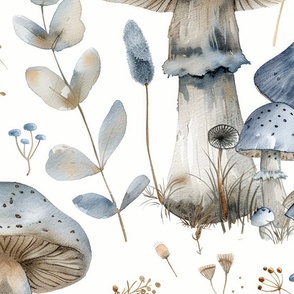 Dusty Blue and Beige Woodland Mushrooms and Foliage