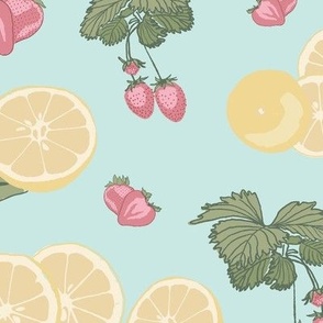 Pink Lemonade- Vintage Strawberry plants & Lemons / berry, Yellow, mint