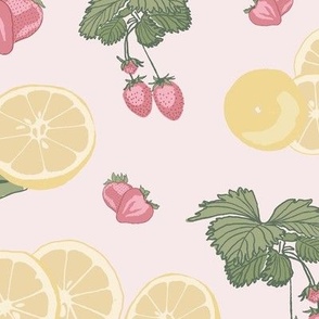 Pink Lemonade- Vintage Strawberry plants & Lemons / blush, Yellow, green