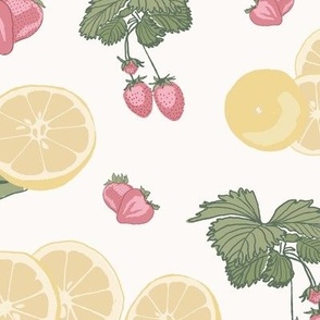 Pink Lemonade- Vintage Strawberry plants & Lemons / berry, green, Yellow