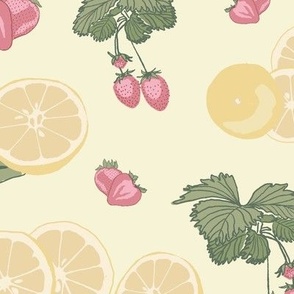 Pink Lemonade- Vintage Strawberry plants & Lemons / berry, Yellow, green