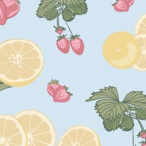 Pink Lemonade- Vintage Strawberry plants & Lemons / blush, Yellow, sky blue