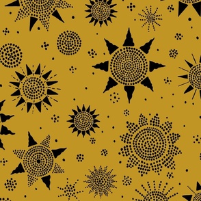 (Large) Boho Abstract Suns Made of Brush Dots, Black on Mustard Yellow Background  