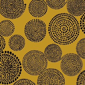 (Large) Boho Circles and Spirals Made of Brush, Black on Mustard Yellow Background 