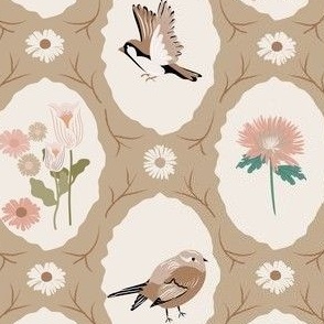 Daisy and birds country meadow ovals brown