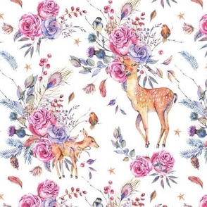 Watercolor deer with roses on white