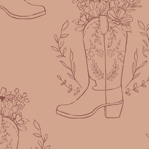 Muted Pink Sketched Cowgirl Boot Floral Drawing 24 inch