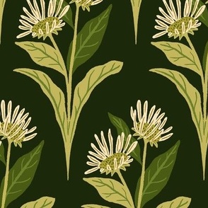 Elecampane Flowers and Leaves Geometric Floral - Avocado Green - Large Scale - Retro Hand-Drawn Medicinal Herb Design for Vintage Styles
