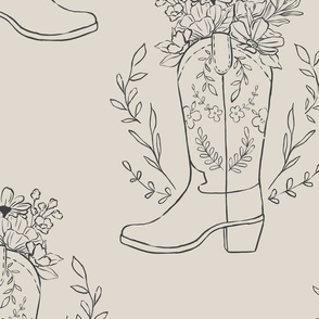 Dark Gray Sketched Cowgirl Boot Floral Drawing 24 inch