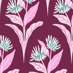 Elecampane Flowers and Leaves Geometric Floral - Berry Pink - Large Scale - Retro Hand-Drawn Medicinal Herb Design in Modern Colors with a Vintage Vibe