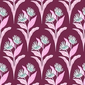 Elecampane Flowers and Leaves Geometric Floral - Berry Pink - Medium Scale - Retro Hand-Drawn Medicinal Herb Design in Modern Colors with a Vintage Vibe