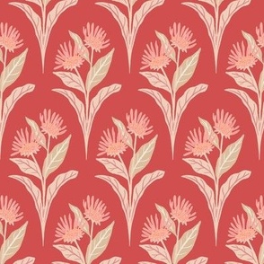 Elecampane Flowers and Leaves Geometric Floral - Coral Pink and Red - Medium Scale - Retro Hand-Drawn Medicinal Herb Design in Modern Colors with a Vintage Vibe