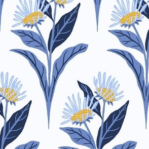 Elecampane Flowers and Leaves Geometric Floral - Blue, White, and Yellow - Large Scale - Retro Hand-Drawn Medicinal Herb Design in Traditional Colors for Coastal Styles