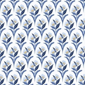 Elecampane Flowers and Leaves Geometric Floral - Blue, White, and Yellow - Small Scale - Retro Hand-Drawn Medicinal Herb Design in Traditional Colors for Coastal Styles