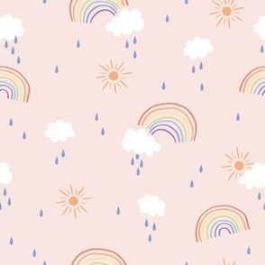 Little rainbow,  cloud, rain and sun kids print in pink white & blue