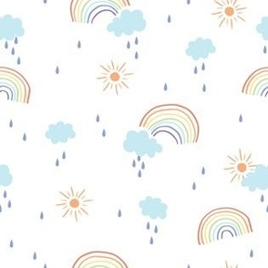 Little rainbow,  cloud, rain and sun kids print In white blue and nevy