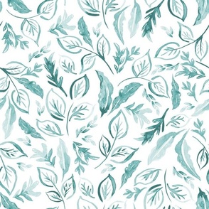 Painted watercolor leaves, in teal green baby watercolour foliage