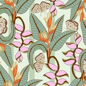  Bird of paradise pattern with butterflies in green stripe  background